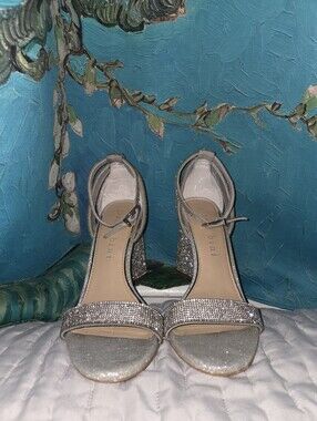 Gianni Bini Dericka Silver rhinestone two-piece ankle, Block Heel Sandals